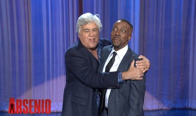 Jay Leno surprises Arsenio Hall by announcing second-season renewal of The Arsenio Hall Show