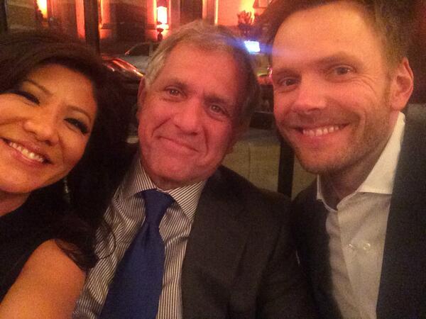 Joel McHale poses with Les Moonves on the eve of CBS Upfronts: Next stop, Late Late Show?