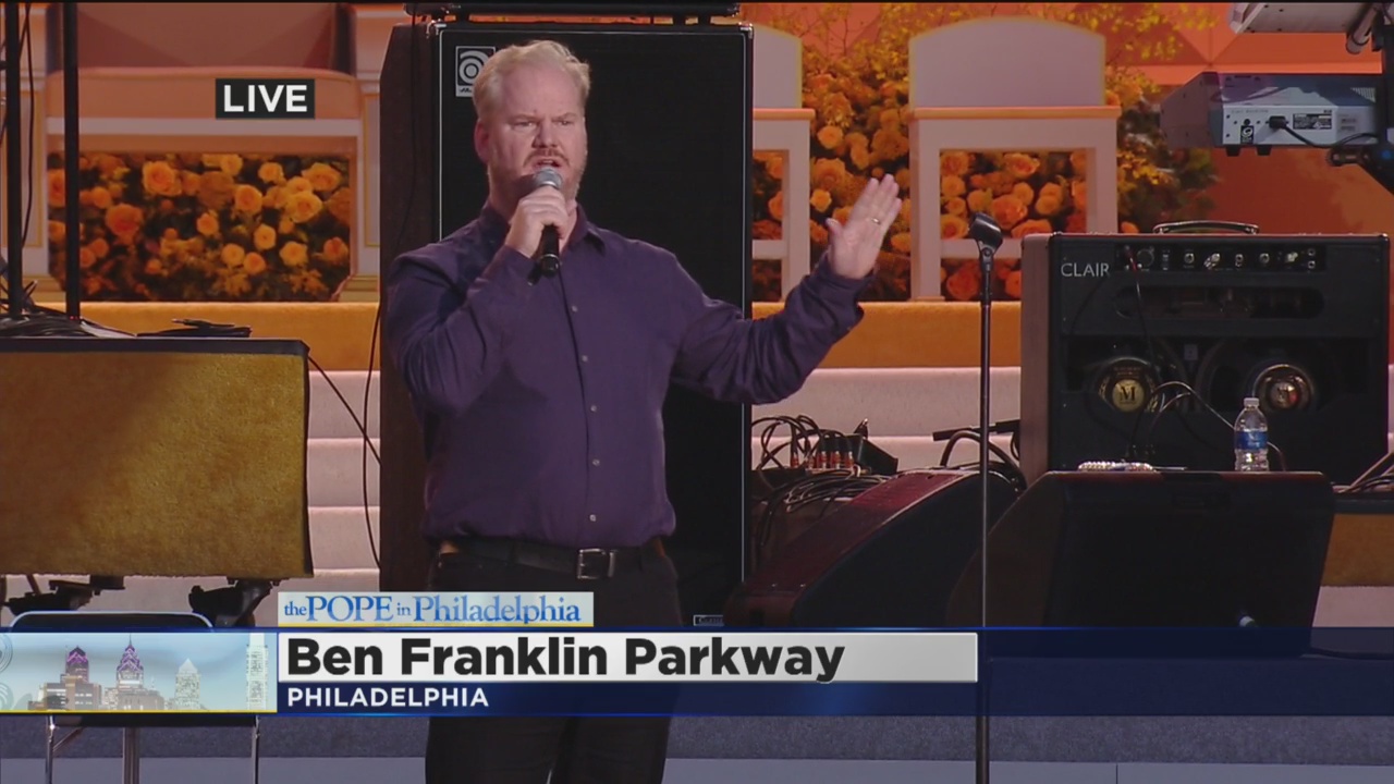 Jim Gaffigan live at the Festival of Families in Philadelphia, warming up the audience for Pope Francis