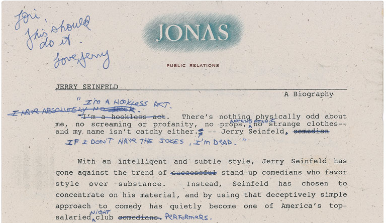 Up for auction: Jerry Seinfeld’s handwritten corrections to his 1989 PR bio