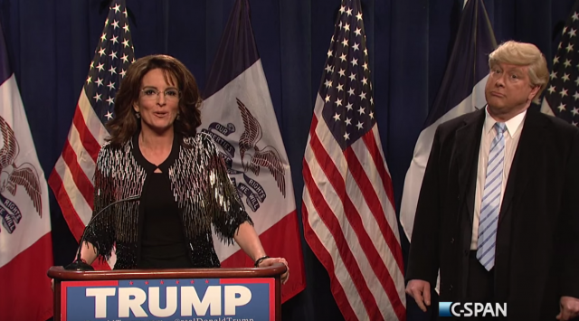 Tina Fey as Sarah Palin opens SNL episode #41.11 endorsing Darrell Hammond’s Donald Trump