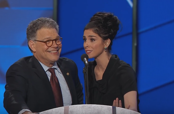 Al Franken and Sarah Silverman deliver speeches onstage during night one of the 2016 Democratic National Convention