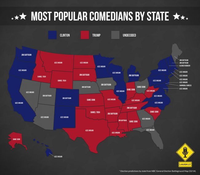 Snapshot: Most popular comedians on Laugh.ly app by state, vs. presidential leanings, October 2016