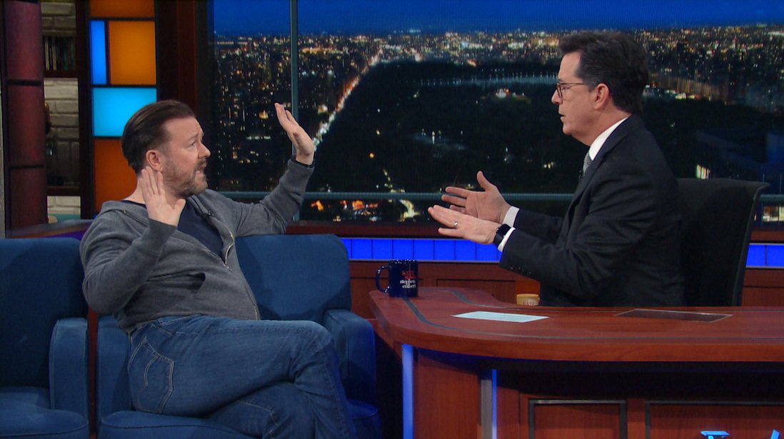 Does God exist? Stephen Colbert debates Ricky Gervais on The Late Show