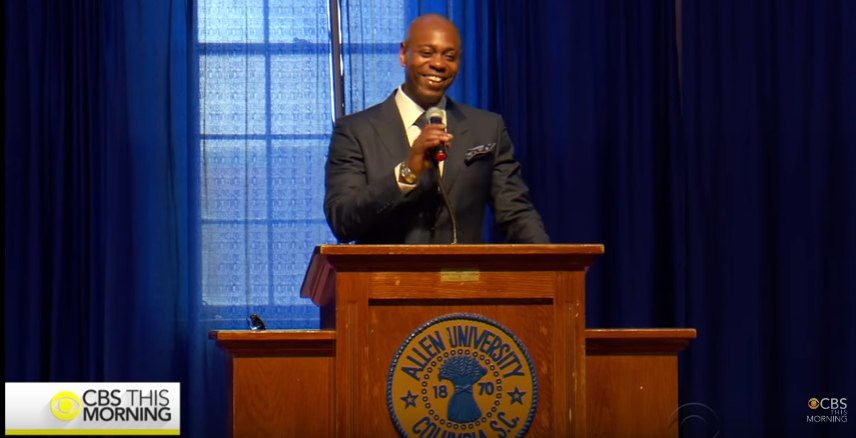 Dave Chappelle addresses the students of Allen University, where his great-grandfather served as president