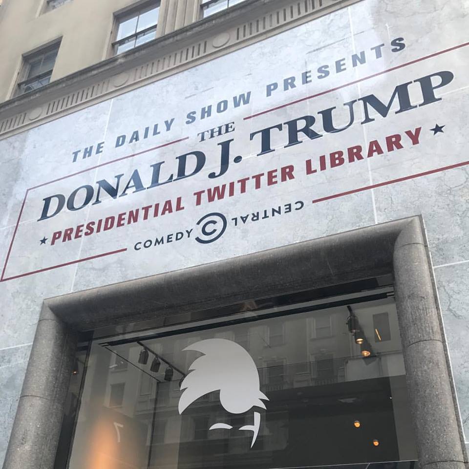 The Daily Show opening The Donald J. Trump Presidential Twitter Library in NYC across from Trump Tower