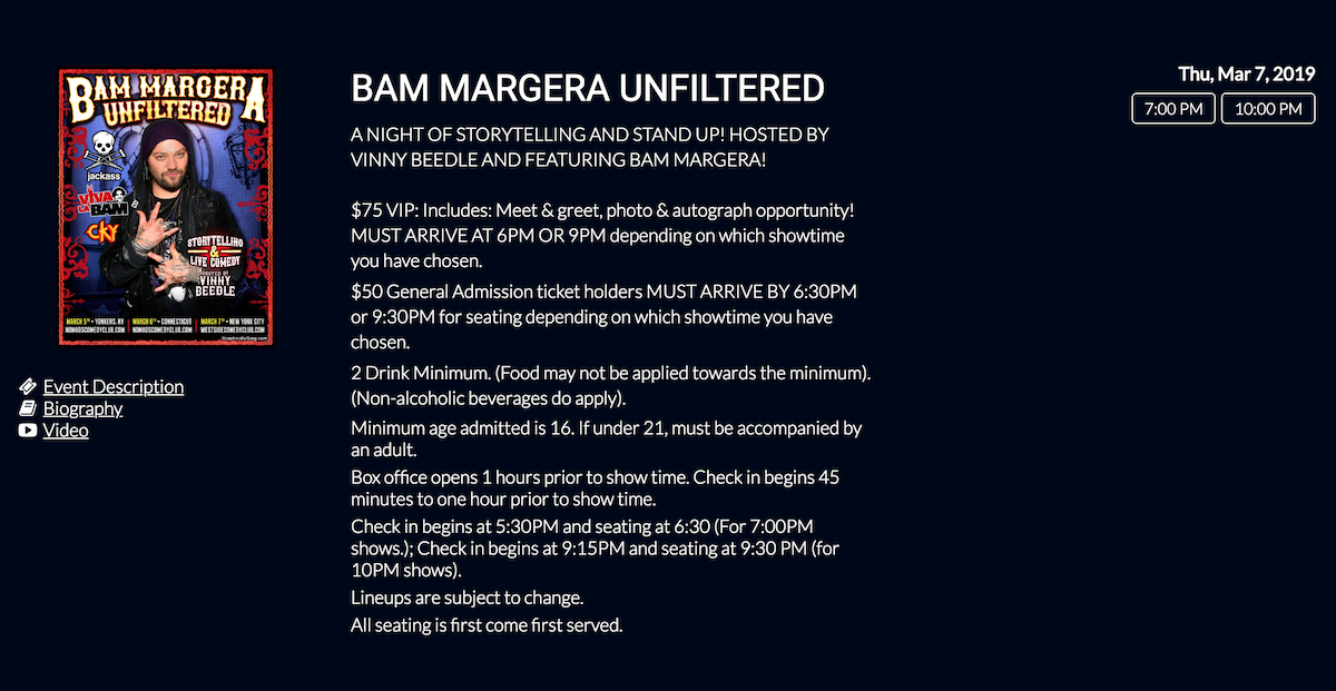 West Side Comedy Club cancelled Bam Margera’s NYC stand-up debut after “Jackass” of a day