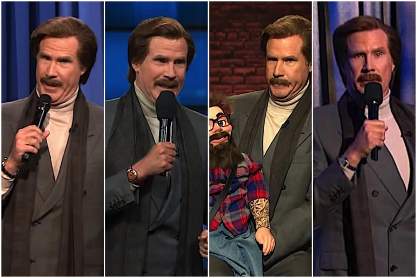 Will Ferrell as Ron Burgundy performs stand-up, prop and ventriloquism on six late-night shows in one night