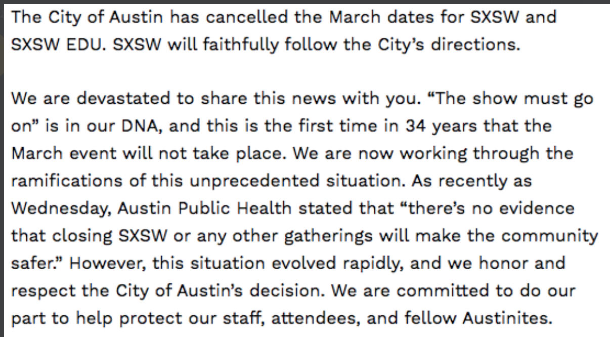 Austin cancels 2020 SXSW over coronavirus concerns